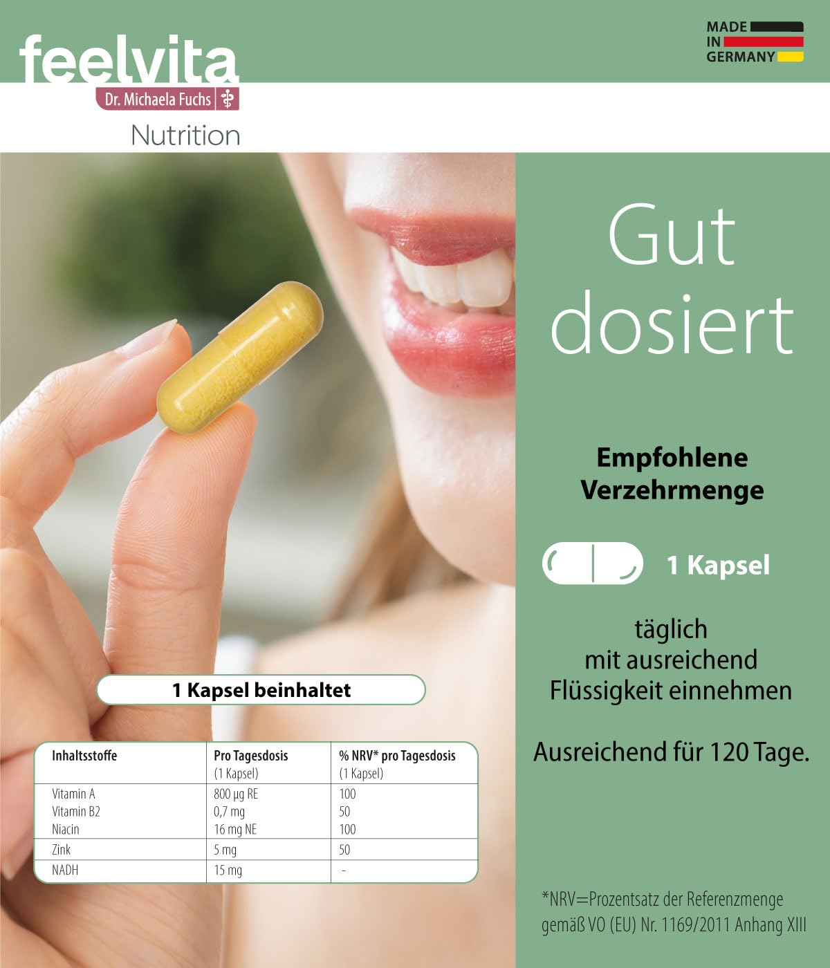 Genius Feelvita Nutrition NADH-Kapseln mit Niacin, Zink, Vitamin A & Vitamin B2- für einen normalen Energiestoffwechsel und zur Verringerung von Müdigkeit- 120 Kapseln, 4-Monatsvorrat, Made in Germany