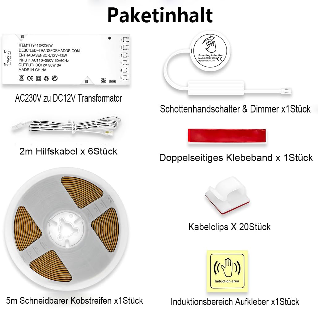 Kit di strisce luminose LED COB sotto armadio, 5 m Cuttable 6500 K, 6 prese di corrente, interruttore touch e dimmer, striscia COB per armadio da cucina, libreria, mensola galleggiante