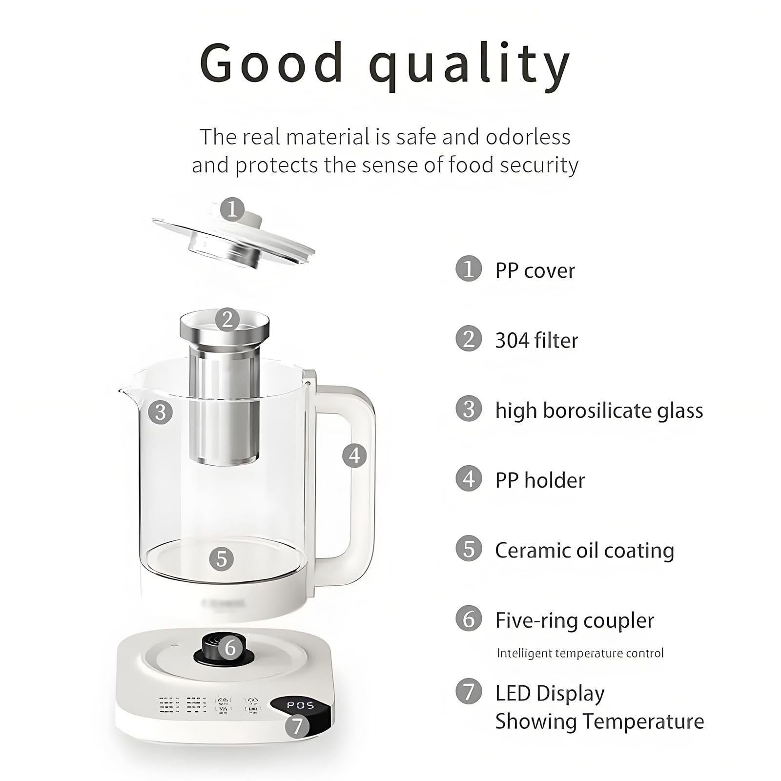 Té de Vidrio Inteligente Hervidor de Té, Tetera de Temperatura Variable, Té de 800W con 11 Prejuicios de Control de Temperatura, Teteras Eléctricas de 1.8 Litros con Infusor de Té Extraíble