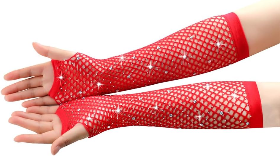 Long Fishnet Fingerless Gloves 80’s Theme Party with Rhinestones Mesh Gloves for Women Girls Cosplay, Performance. - Image 2