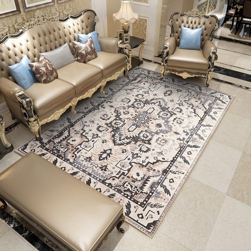 Alfombra vintage floral azul con acabado envejecido para sala de estar