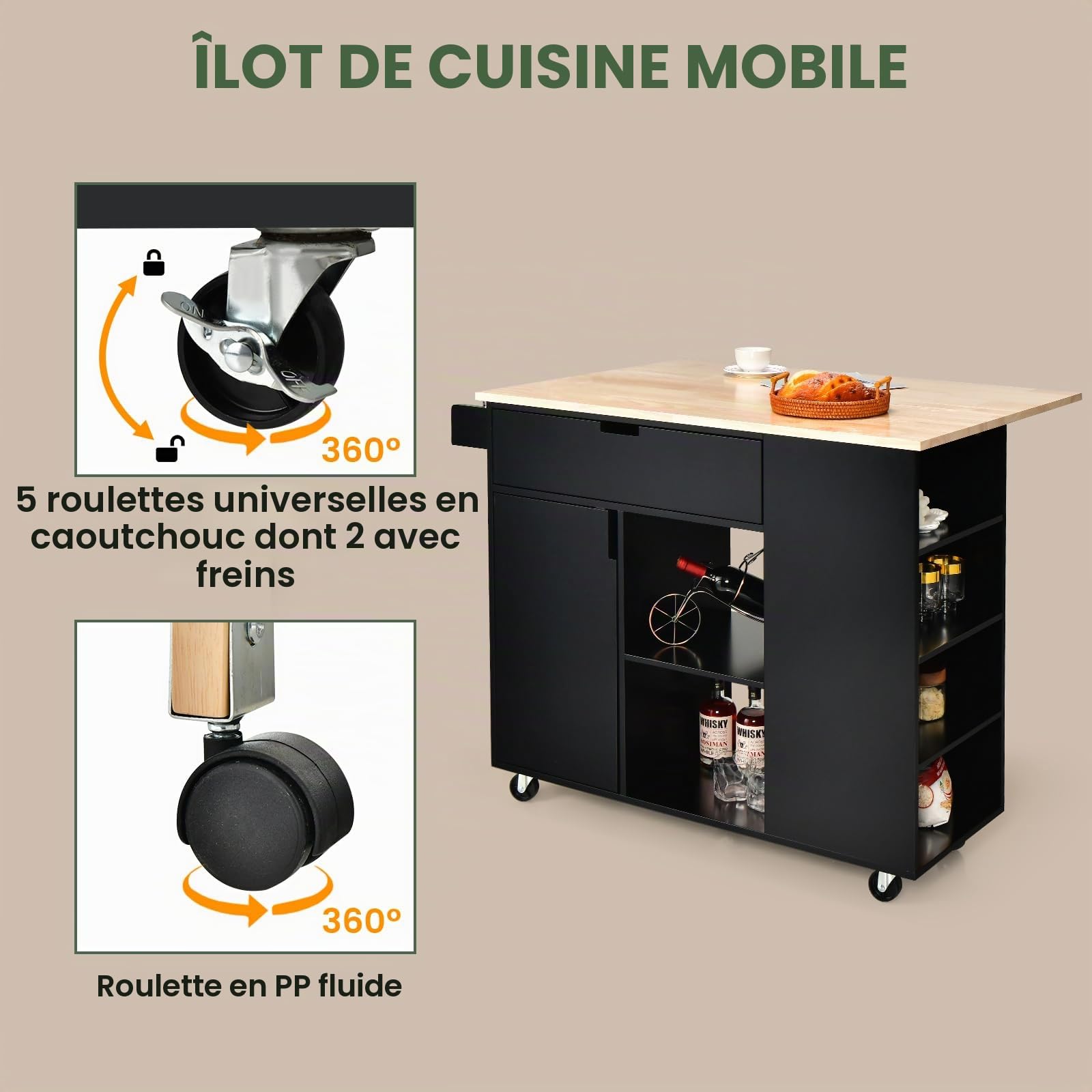 KOMFOTTEU Îlot Central Mobile avec Plan de Travail en Bois Massif, Desserte de Cuisine avec Tiroirs, Armoire à Porte & Étagères latérales, Desserte de Service, 124 x 76 x 92 cm (Noir)