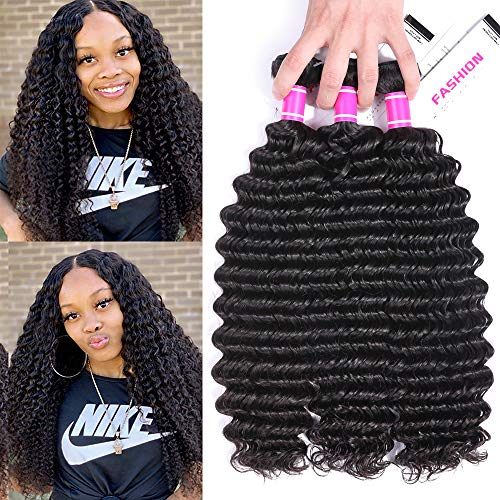 Deep Wave Bundles (22 24 26 Inch) by HAIRMASTER 8A Grade Unprocessed Brazilian Human Hair Weave Products 3 Bundles Natural Black