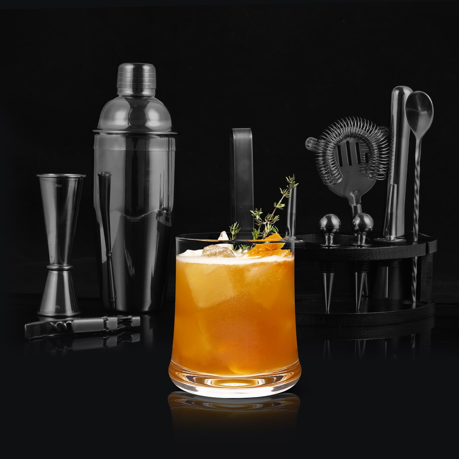Safring Kit de barman con soporte, juego de bar de 12 piezas | Juego de coctelera de 24 onzas para mezclar bebidas, juego de coctelera de Martini con herramientas de bar, folleto de recetas |