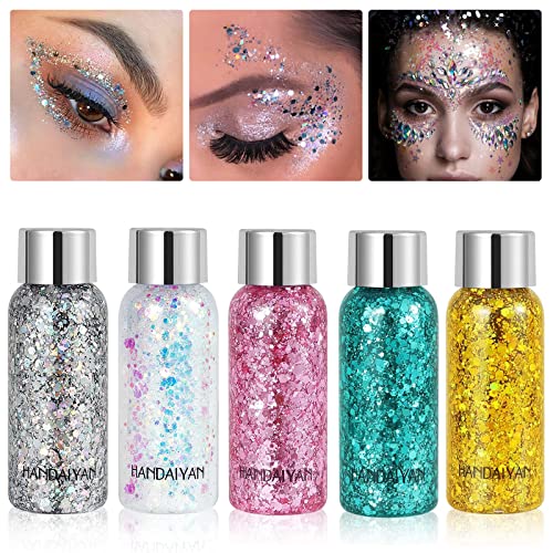 Body Glitter Gel, 5 Bottle Mermaid Pailletten Glitter Liquid Lidschatten Body Lotion Glitzer Flüssiger Lidschatten für Gesicht Haare Lippen Festival Masquerade Makeup Long Lasting Sparkling (Type 1)