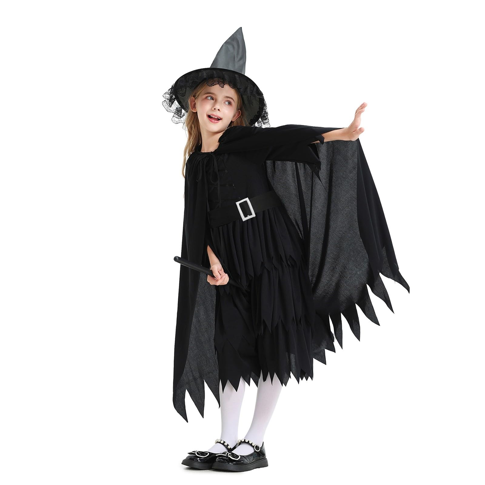 Generisch Costume di Halloween per bambini, set da strega per cosplay e Halloween | Mantello con cappuccio, cappello a punta, scopa, vestito, per travestimenti di carnevale e palcoscenico
