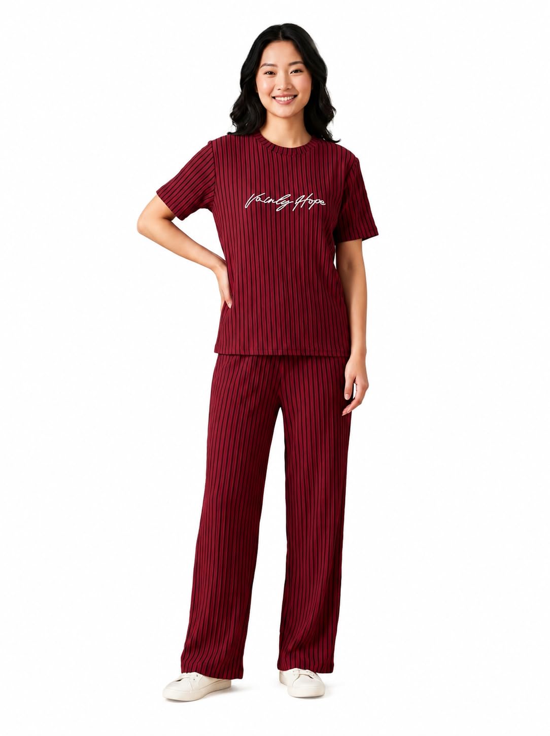 Women Night Suit | Striped T-Shirt and Vhope Printed and Wide Leg Pajama Set | Soft Sleepwear, Comfortable Loungewear, Home Wear, Relaxed Fit Women Nightwear-image-35