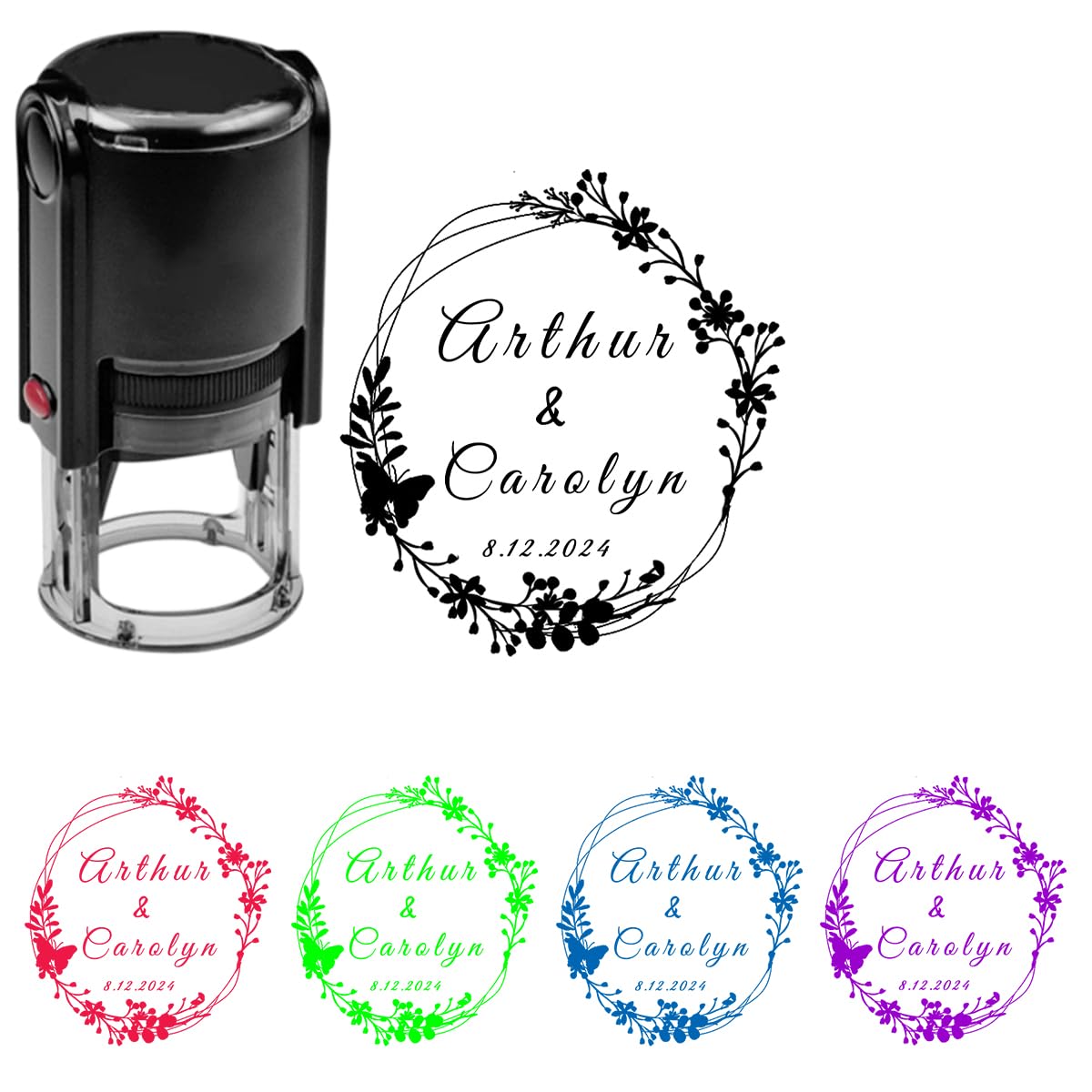 Custom Couple Name Self Inking Stamp Personalized Flower Leaf Wreath Beautiful Initial Monogram Date Stamps for Anniversary, Wedding, Engagement,