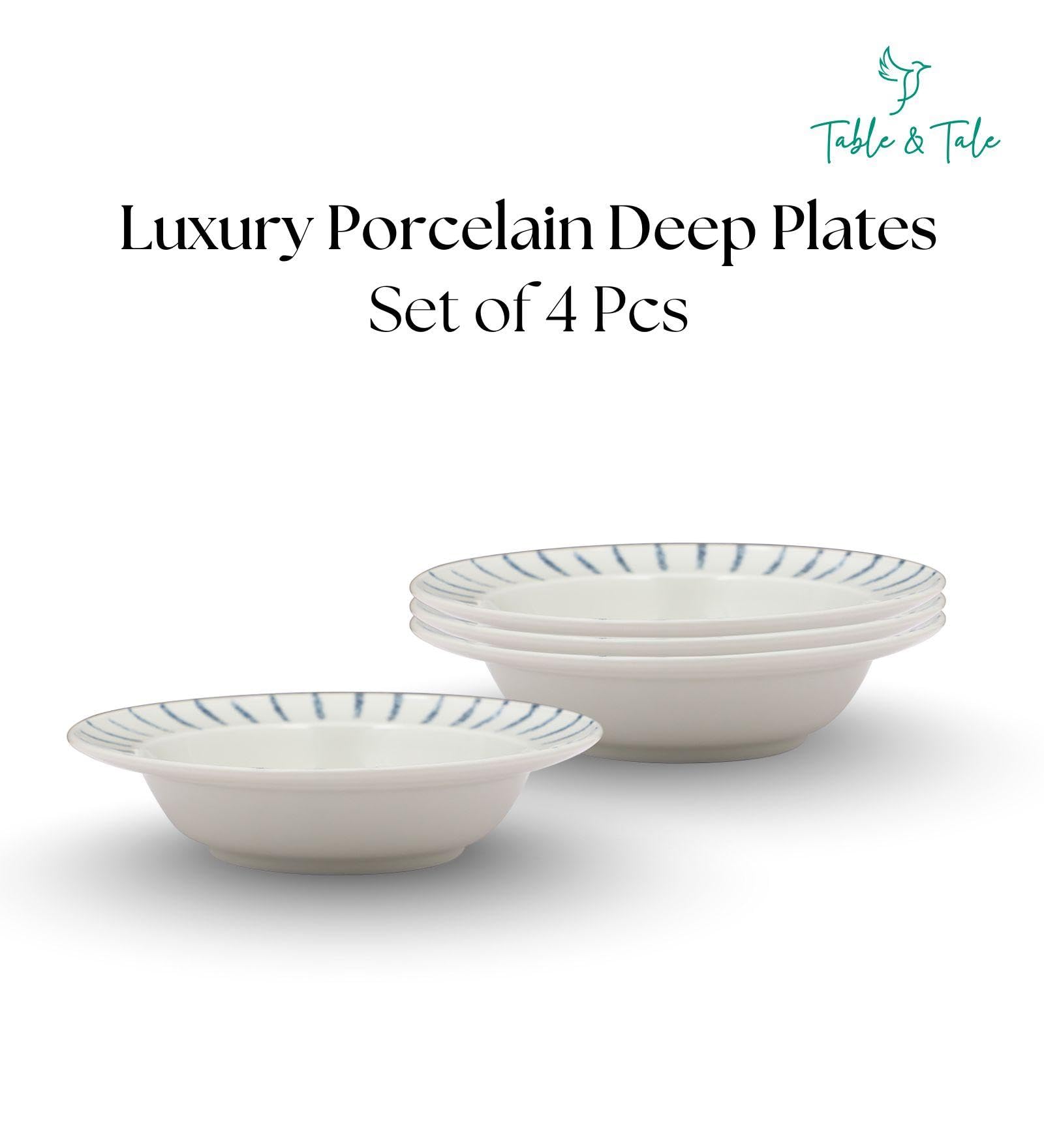 Table & Tale Premium Porcelain Deep Plate with Elegant Blue Pattern | Scratch & Chip Resistant | Made in Sri Lanka | Ideal for Soups, Pasta & Curries | Microwave & Dishwasher Safe |Set of 4 2