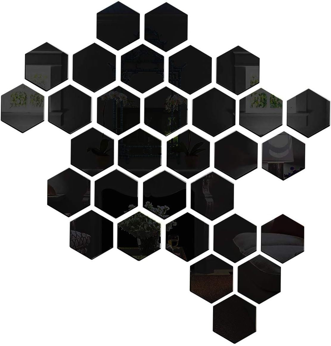 Wall1ders 31 Hexagon with 10 Butterflies Black (Each Hexagon Size 10.5 cm x 12 cm) Hexagon Mirror Wall Stickers, Mirror Stickers for Wall