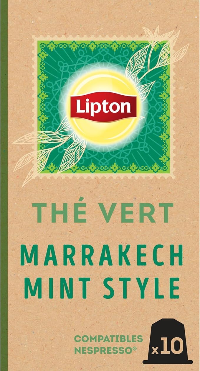 Lipton Thé Vert Marrakech Mint, 100 Capsules Compatibles Nespresso, Antioxydant et Parfumé, Menthe Fraîche et Délicate, Label Rainforest Alliance, x10 Capsules