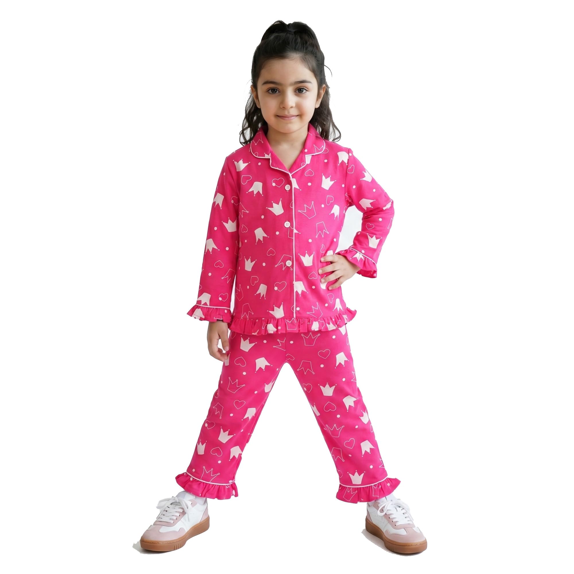 Girl Cotton Printed Full Sleeves Collared Night Suit with Frill-image-9
