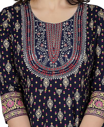 Image of Women's Rayon Embroidered Anarkali Kurti | Elegant Blue & Pink Long Kurti for Women | Premium Ethnic Wear for Diwali & Wedding | Stylish Comfortable Festive Outfit in Floral Design