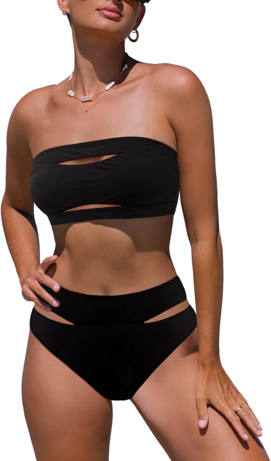 popvil Women's Strapless High Waisted Bikini Sets Sexy Bandeau Swimsuits Two Piece Bathing Suits Black