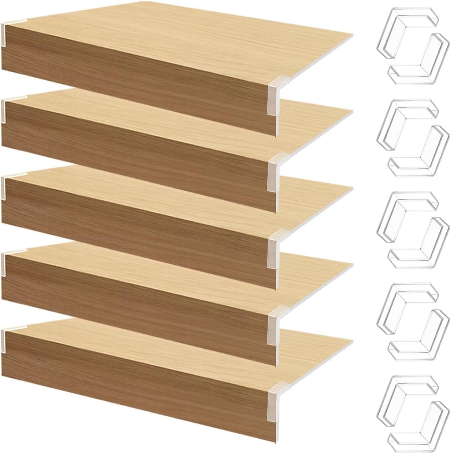 Wire Shelf Cover 43 x 16 inch, 5 Pcs Faux Oak Wood Shelf Covers for Wire Shelving, 3 in High Wire Rack Covers for Shelves, Waterproof PVC Shelf Cover for Pantry Kitchen Closet Bathroom Office