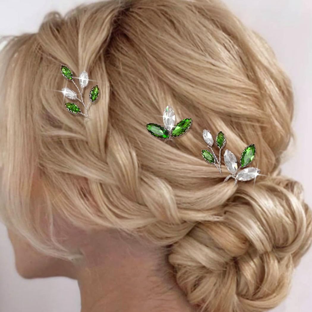Casdre Green Rhinestone Bridal Hair Pins Silver Bride Wedding Hair Pieces Small Hair Clips Crystal Hair Accessories for Women and Girls (Pack of 4) - Image 3