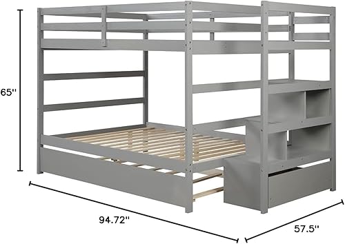 Miniatura 9 de HYC Litera matrimonial sobre matrimonial con cama nido de tamaño individual y escalera reversible literas de almacenamiento de madera con barandilla