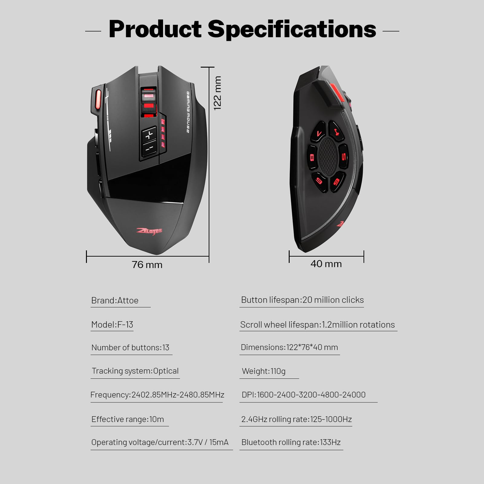 Souris de jeu sans fil, RVB double mode, Bluetooth, jusqu'à 24 000 ppp, 13 boutons macro programmables, souris optique 50 heures pour PC, ordinateur portable, MOBA FPS, PMW-3311, prise en main