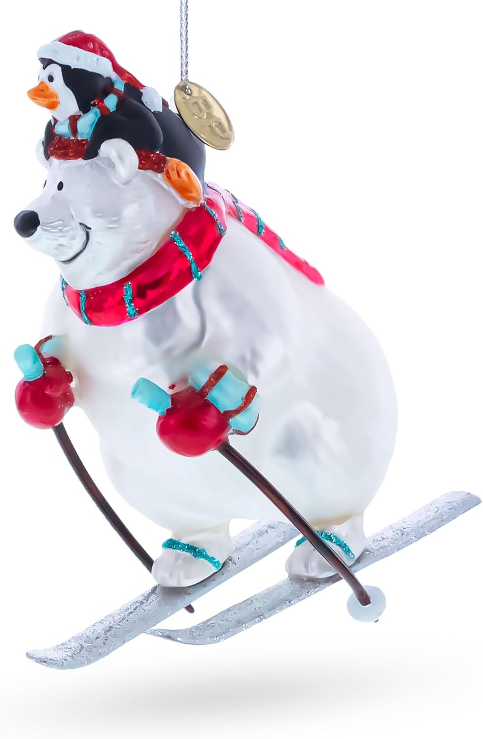 Skiing Polar Bear with Penguin Blown Glass Christmas Ornament - Image 2