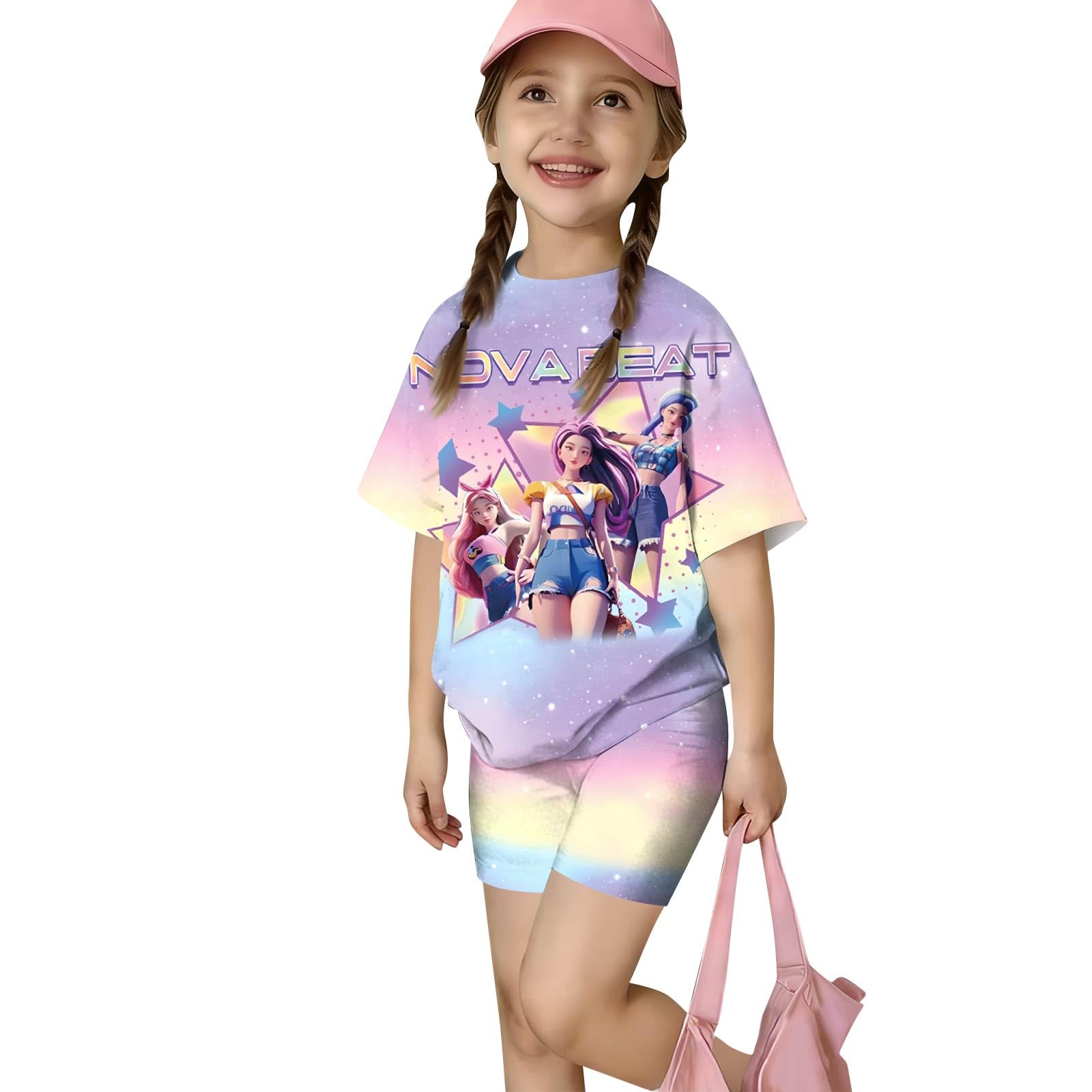 Girls 2 Piece Outfits Cute Singer Cartoon Graphic Short Sleeve Shirts and Shorts Fashion Casual Clothing Sets