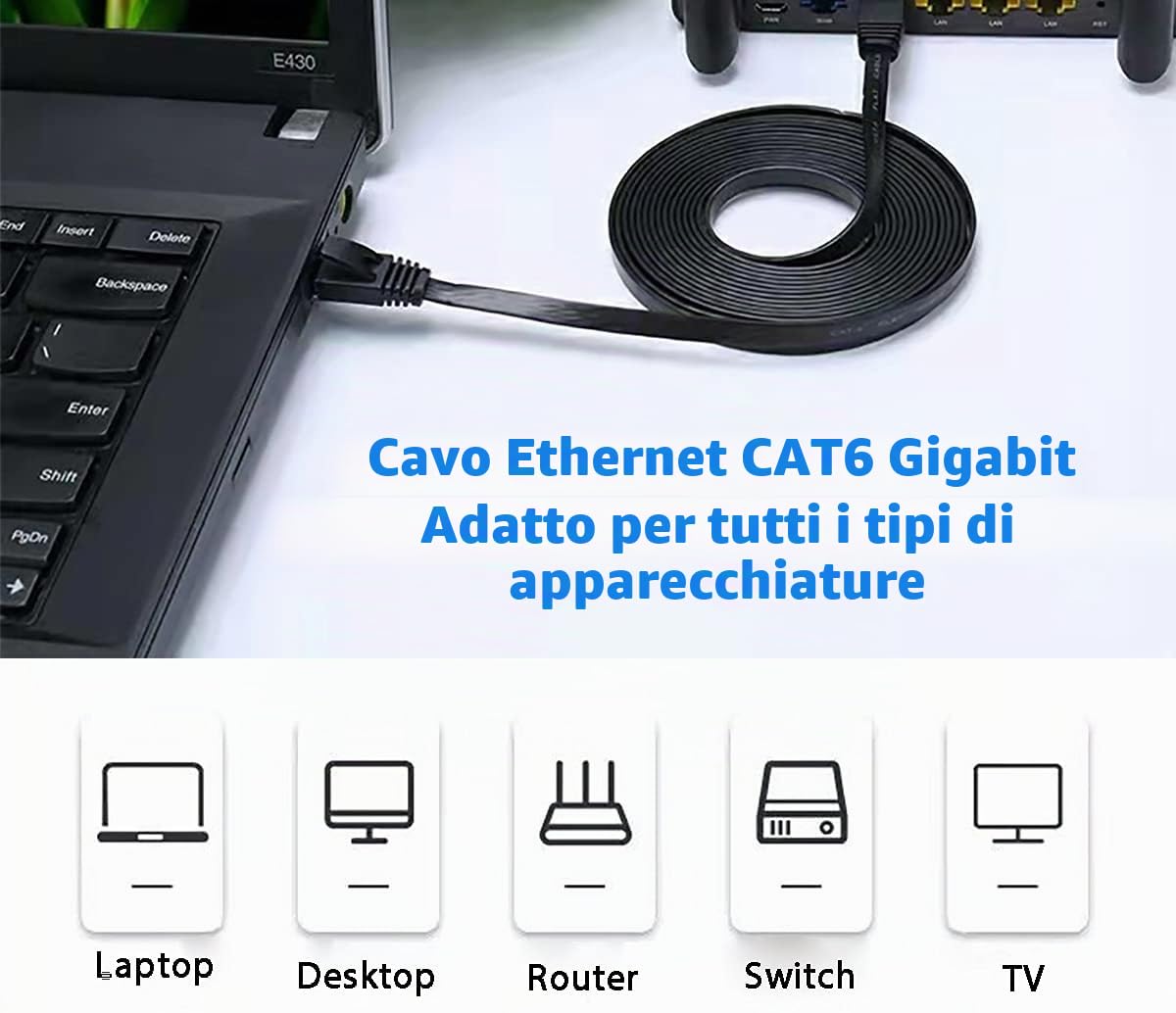 Cavo Ethernet 30 Metri, Cat 6 Cavo di Rete Lan ad Alta Velocità Piatto Gigabit Cavo Internet 30 metri -10/100/1000mbit/s Lungo Rj45 Cavo di Rete 30m esterno da Impermeabile per Switch Router(30 Clips)