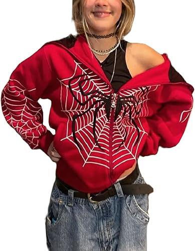 Sudaderas con capucha Y2K de tela de araña para mujer, chaquetas punk, ropa de calle, gótica Harajuku, de gran tamaño, con gráfico vintage, con