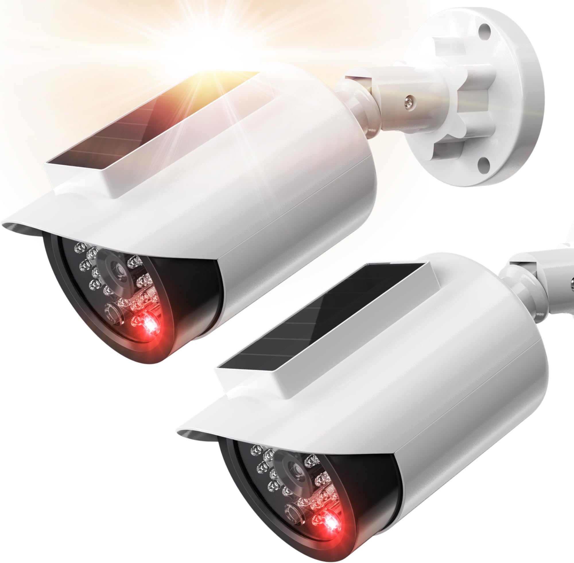 Simulated Security Camera with Solar Power, Bullet Shape Fake Surveillance Camera with Red LED Light for Night, Security Warning Sticker, for Outdoor Safety Alert(2 Pack, White)