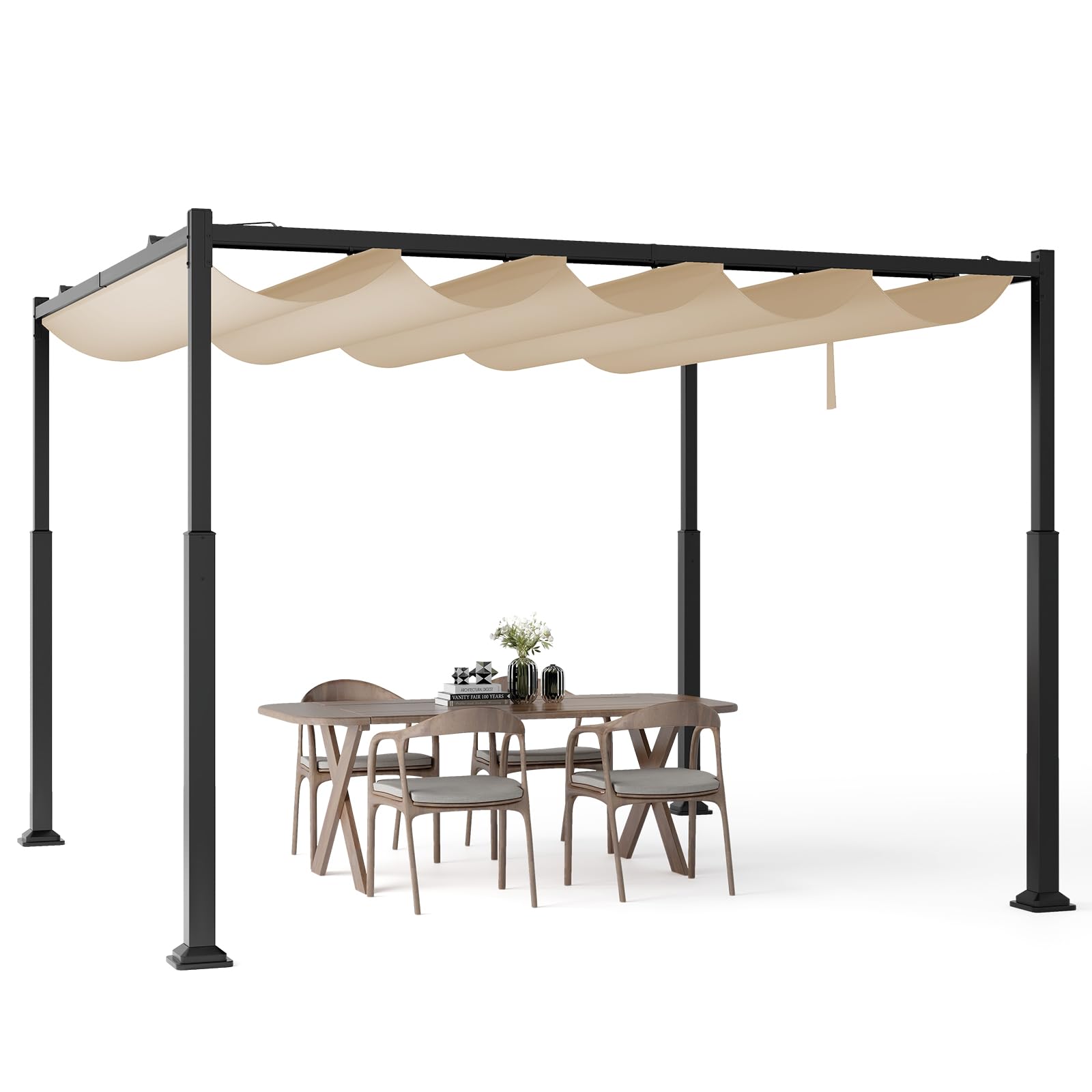 COSTWAY Gazebo Pergola da Giardino 310 x 310 cm, Pergola da Esterno con Tettuccio Retrattile, Struttura in Metallo, per Giardino, Patio e Portico (Beige)