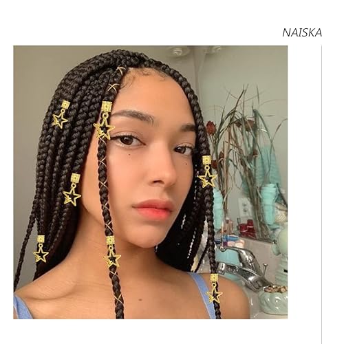 Miniatura 6 de NAISKA 10 clips de trenza de estrella dorada, accesorios para rastas, cuentas trenzadas de cinco puntas, pinzas para el cabello, accesorios de