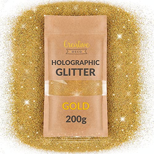 Creative Deco 200g Dorada Purpurina Manualidades Pintura Pared | Brillantina Oro Holográfica | para Decorar | Ultra-Fina 0,2mm | Adición Brillo para Esmalte de Uñas, Resina Epoxi | Decoración Navidad