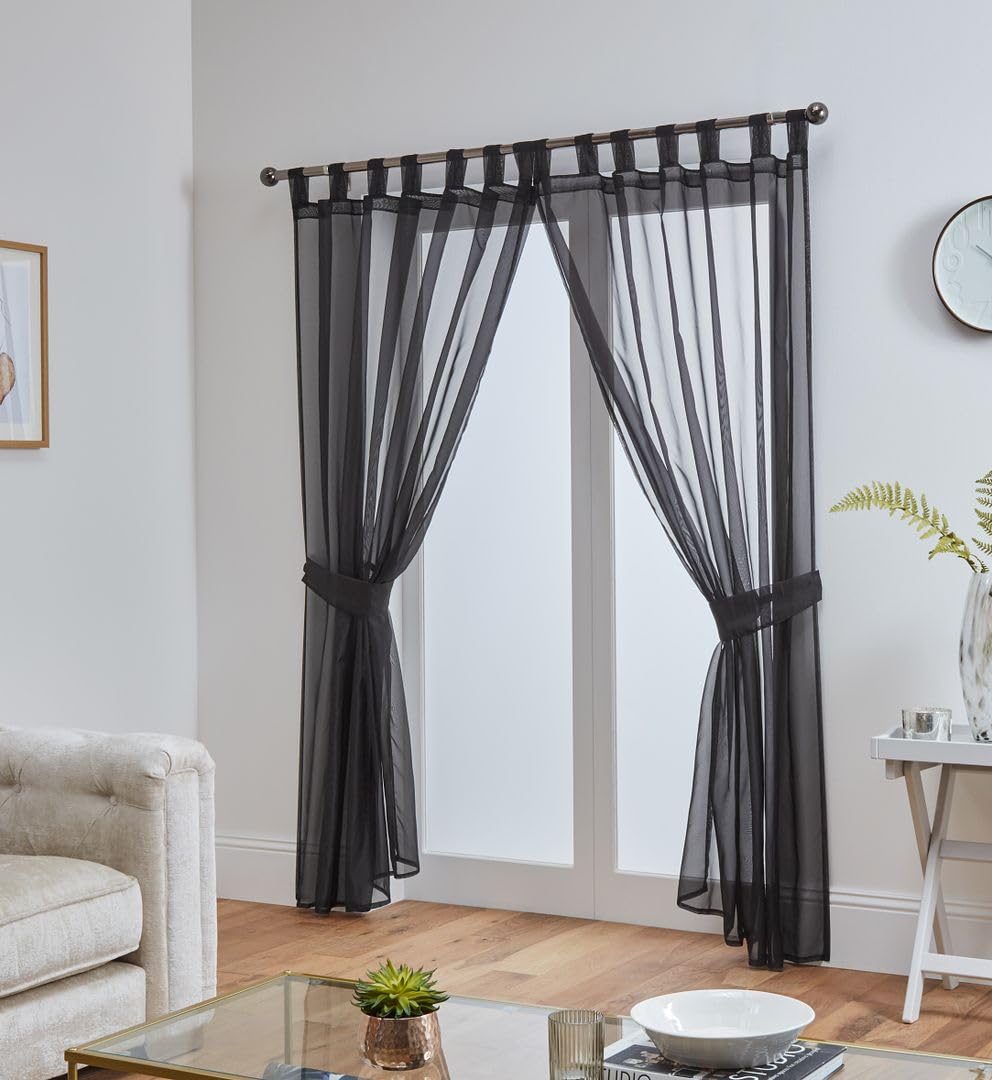 John Aird Pair Of Woven Voile Tab Top Curtain Panels. Tiebacks Included (Black, 58" Wide x 90" Drop) — image 1