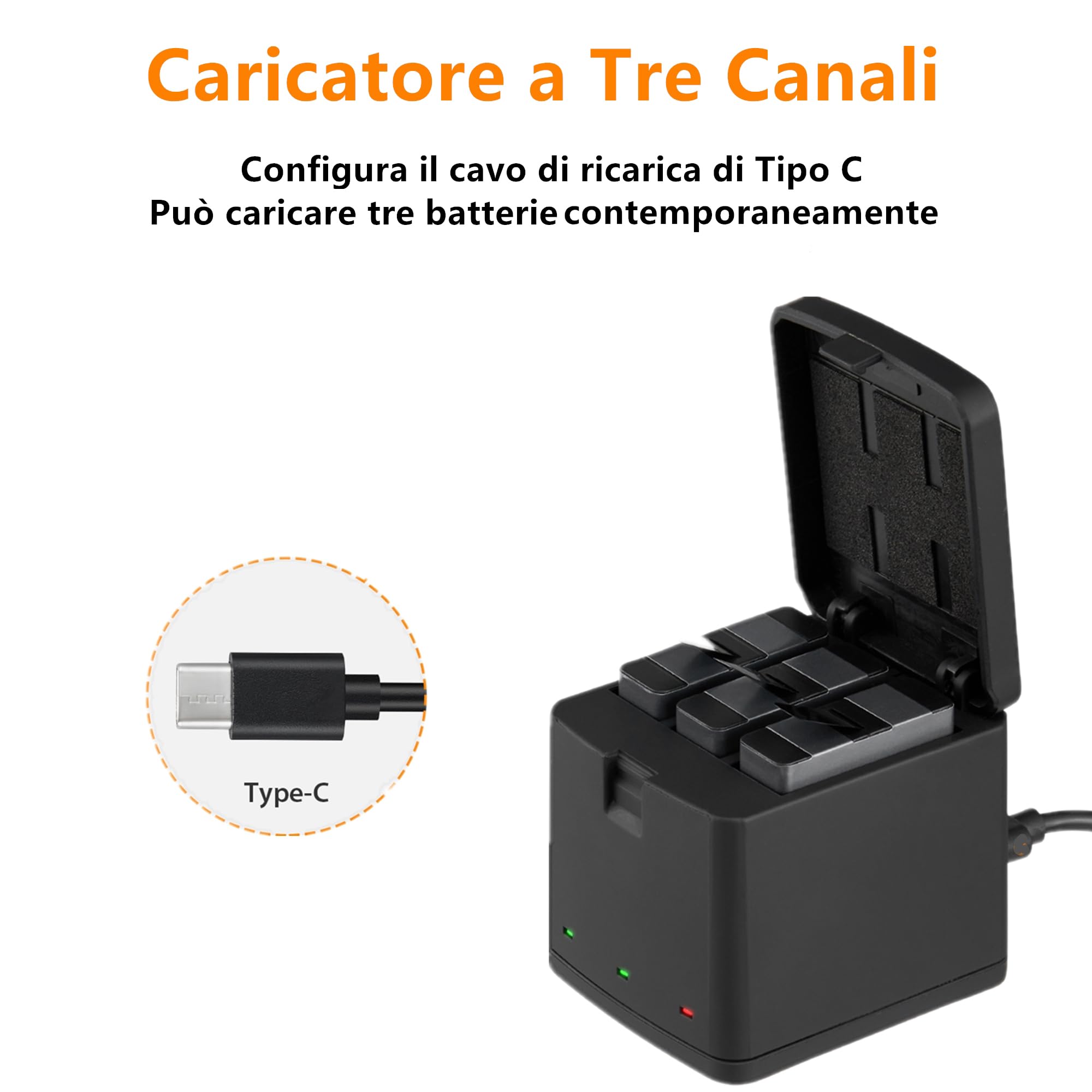 Vemico Hero 8 Batteria Caricabatterie Kit ­3 x 1500mAh Batterie di Ricambio e USB Tipo-C LED a 3 Canali Caricatore per Hero 7 Black/Hero 8 /Hero 6 /Hero 5/AHDBT-801