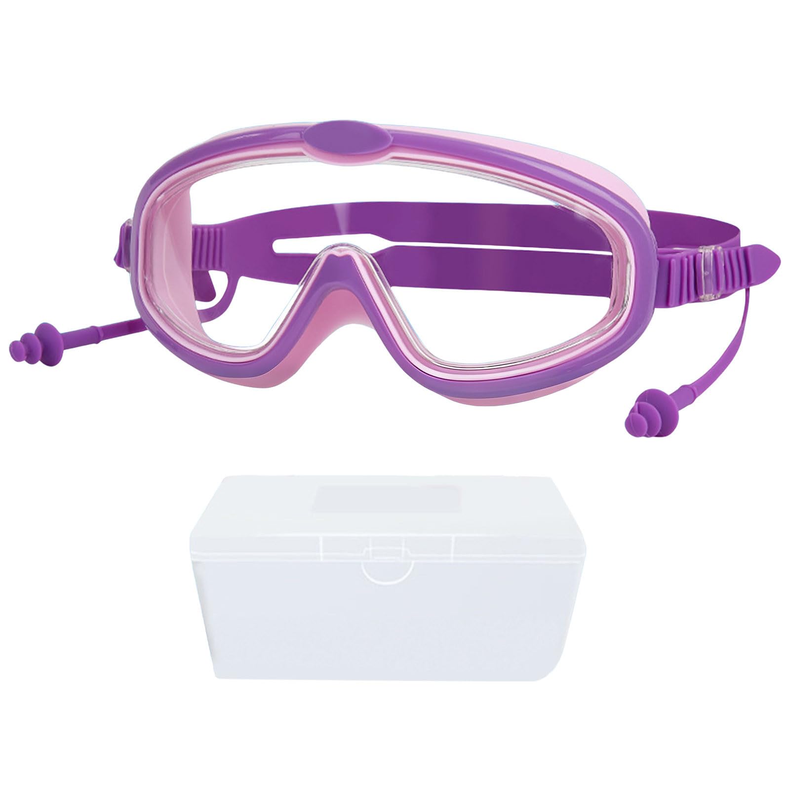 Kids Swimming Goggles with Earplugs and Box for Boys Girls 6-14 Years Old Waterproof Swim Goggles Anti Fog Wide Vision Swim Mask UV Protection Pool Glasses for Pool Training Purple