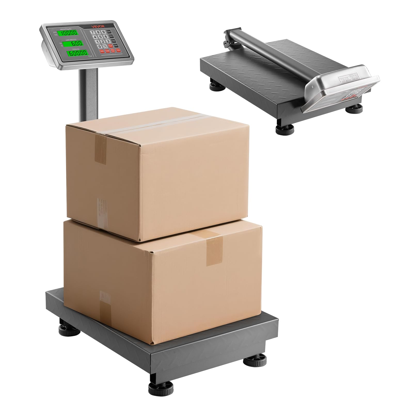 VEVOR Digitale Plattformwaage, 300 kg Tragkraft, 50 g hohe Genauigkeit, elektronische Bodenwaage mit LB/KG, Tara, Preisrechner, AC/DC-Stromversorgung, geeignet für Gepäck, Versand, Pakete, Porto