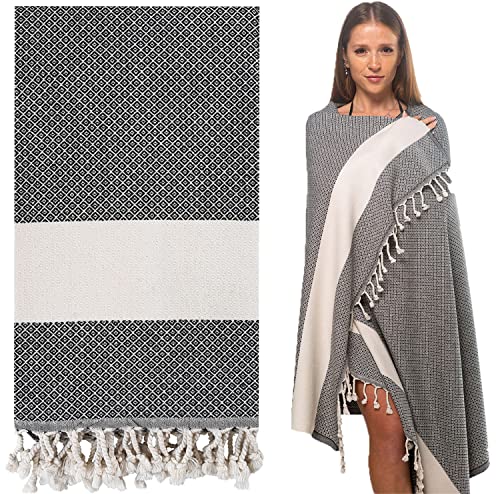 Die Caprie Turkish Towel 100% Cotton Peshtemal Thin Towel Towel Travel Camping Bath Sauna Beach Gym Pool Yoga Blanket Gift Quick Dry Towels (Beach Towel, Black)
