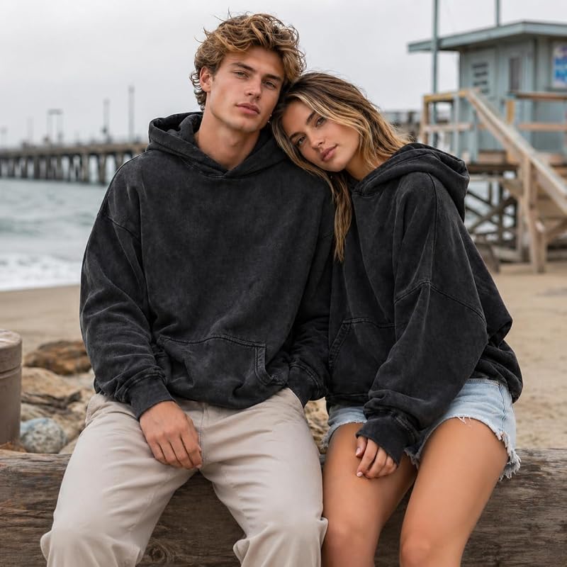 WOLF ZONE Unisex Acid Wash Hoodie comfy hoddies big and tall streetwear oversized for Adult & Teen Black L image 6