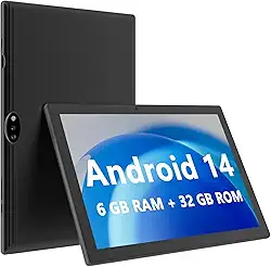 Tablet de 10,1 polegadas, tablet Andaroid 14, 6 GB de RAM, 32 GB de ROM, expansão de 1 TB, processador Quad Core, câmera dupla de 2 MP + 8 MP, Bluetooth, WiFi 6, bateria de 6000 mAh, tela IPS de alta