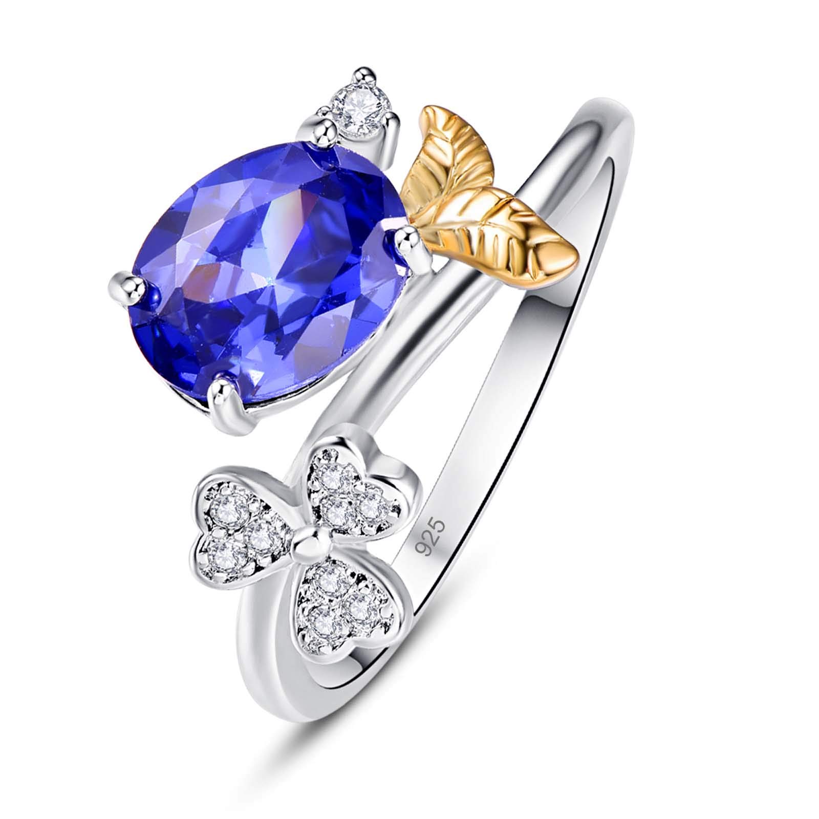 Emsione 925 Sterling Silver Plated Created Tanzanite Oval Cut Clover Bypass Eternity Promise Ring Engagement Wedding Bands for Women Size 9