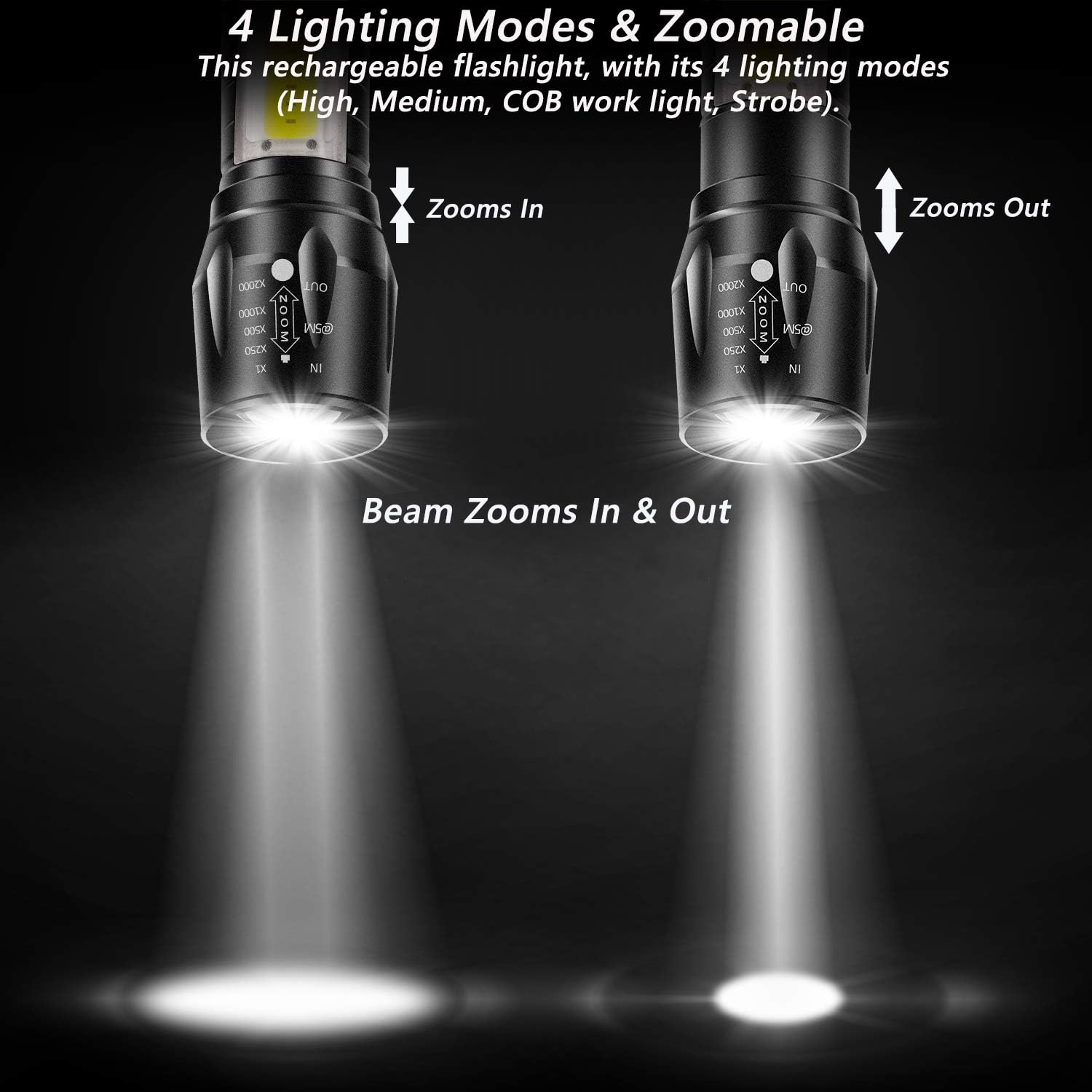CLEZGO Lampe torche LED d'urgence rechargeable par USB, 3 modes de mise au point réglable, lampe de poche LED étanche portable avec lumières latérales COB, meilleure lampe torche tactique pour ouragan