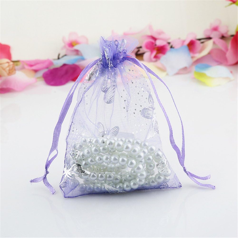 Zhiheng 100pcs Organza Wedding Party Gift Bags Butterfly Drawstring Pouches Jewelry Gift Bags Christmas Party Gift Favor Bags (5"x7", Purple) image 4