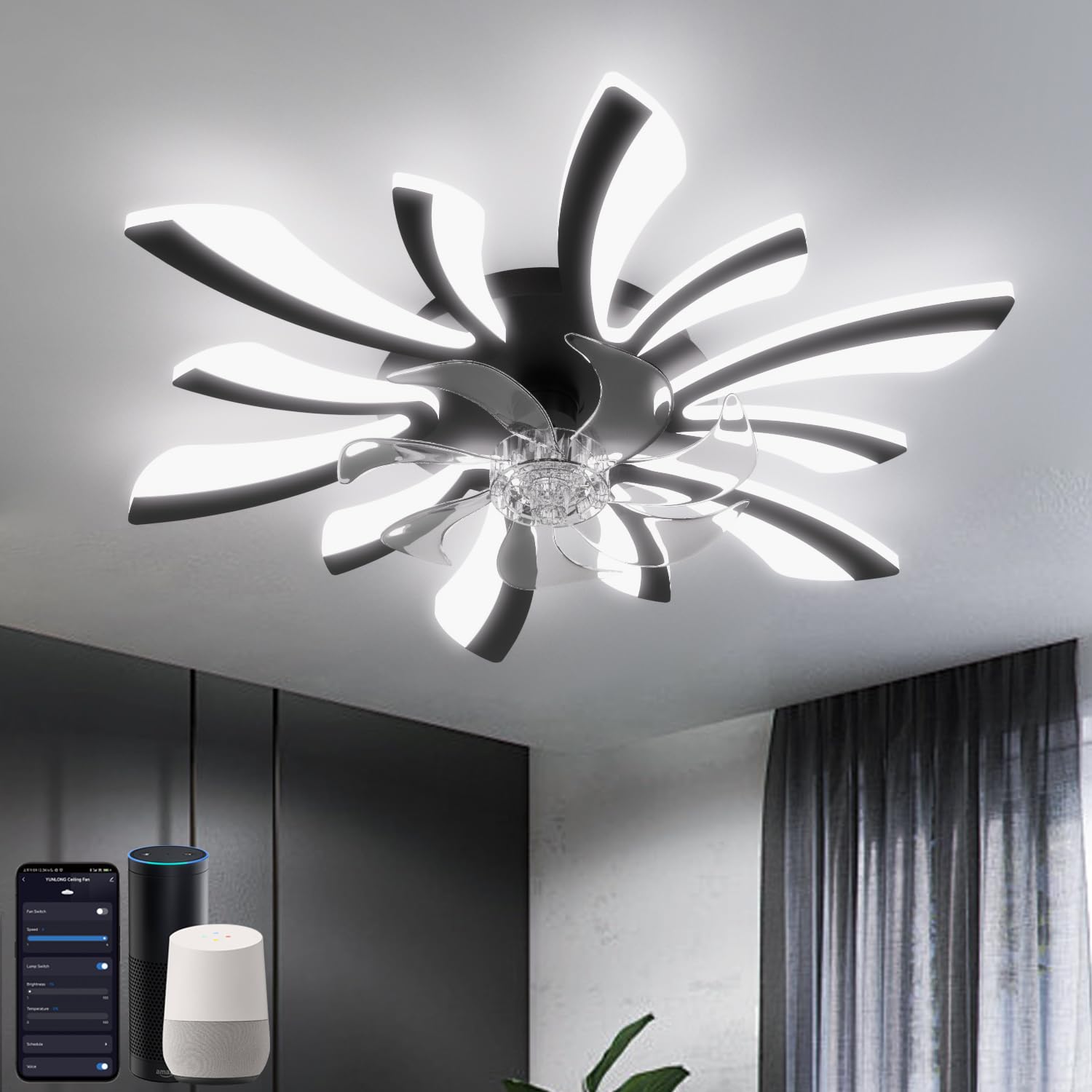 Smart Ventilador de Techo con Luz Silencioso, WiFi Lámpara Ventilador Techo Compatible con Alexa Google Home, Control por Voz/Mando/App, Plafon Ventilador Techo para Dormitorio, Cocina, Negro