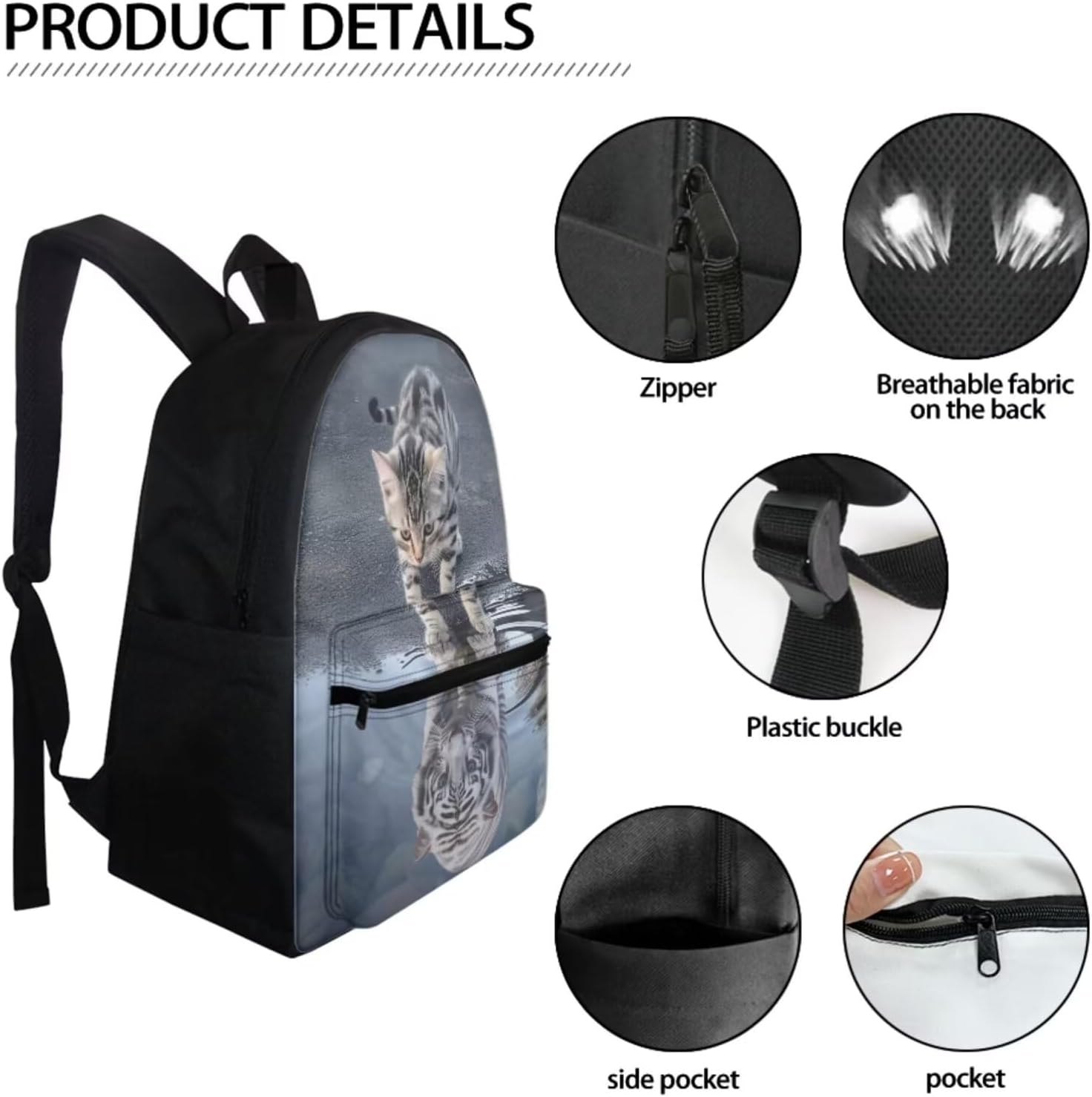 WELLFLYHOM Cat Tiger School Bag Backpack for Elementary School Boy Bookbag with Lunch Box Pencil Case 3 Pcs Middle Kindergarten Preschool Back Packs Satchel Back to School Supplies Daycare Bag