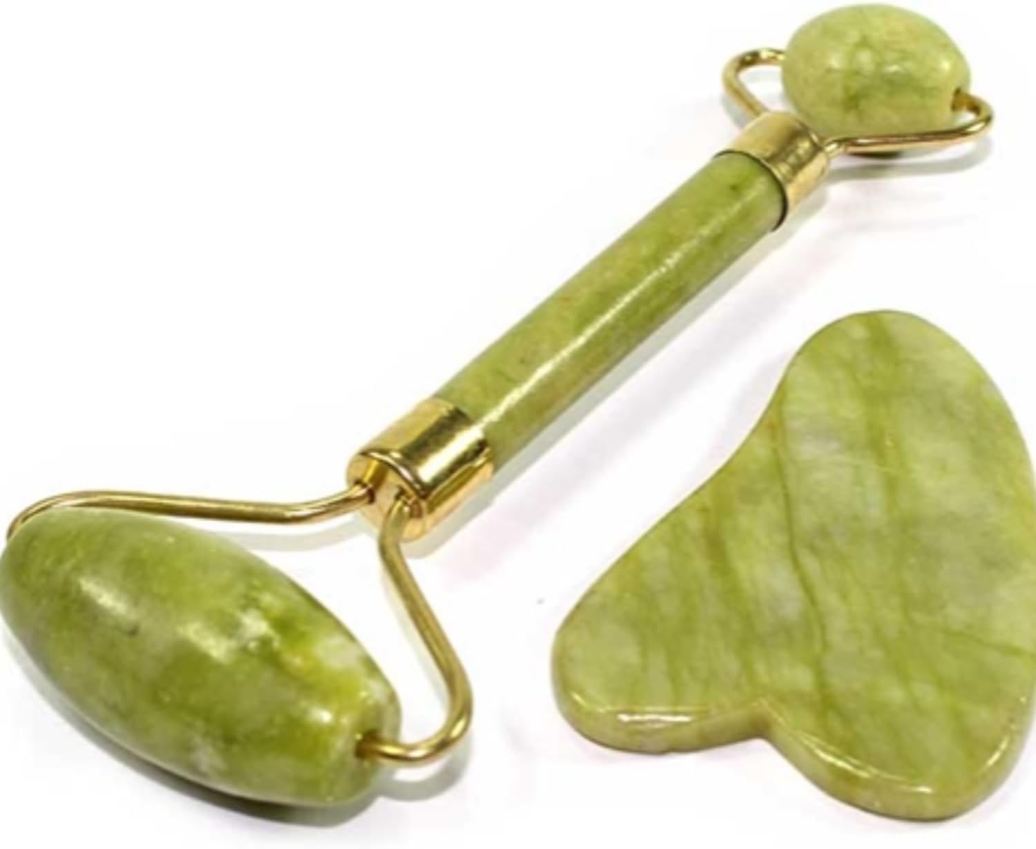 Massageador Facial 2 em 1 com Rolo de Jade Natural e Placa Gua Sha – Combate o Estresse e