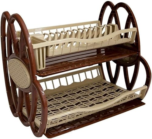 Best House Double Plastic Dish Rack, 2 Tier Double Dish Drainer Rack Large Plate Cutlery Cup Holder Plastic Trays - Pack of 1 (Brown)