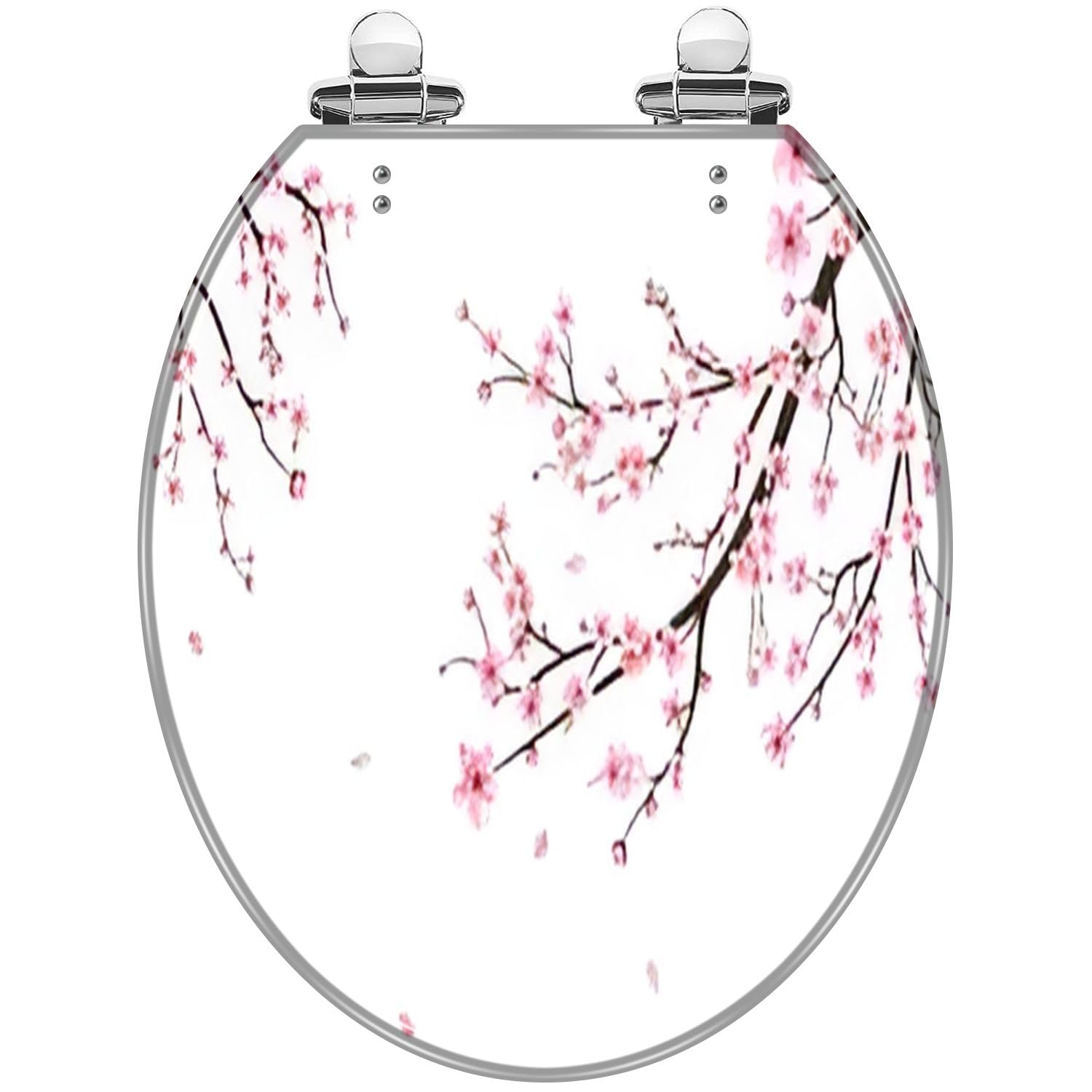Round Toilet Seat white Watercolor cherry bud Cherry blossom flower blooming Resin Toilet Seat with Quietly Close Quick Release Hinges Decorative Toilet Seat with Cover Easy to Clean Install