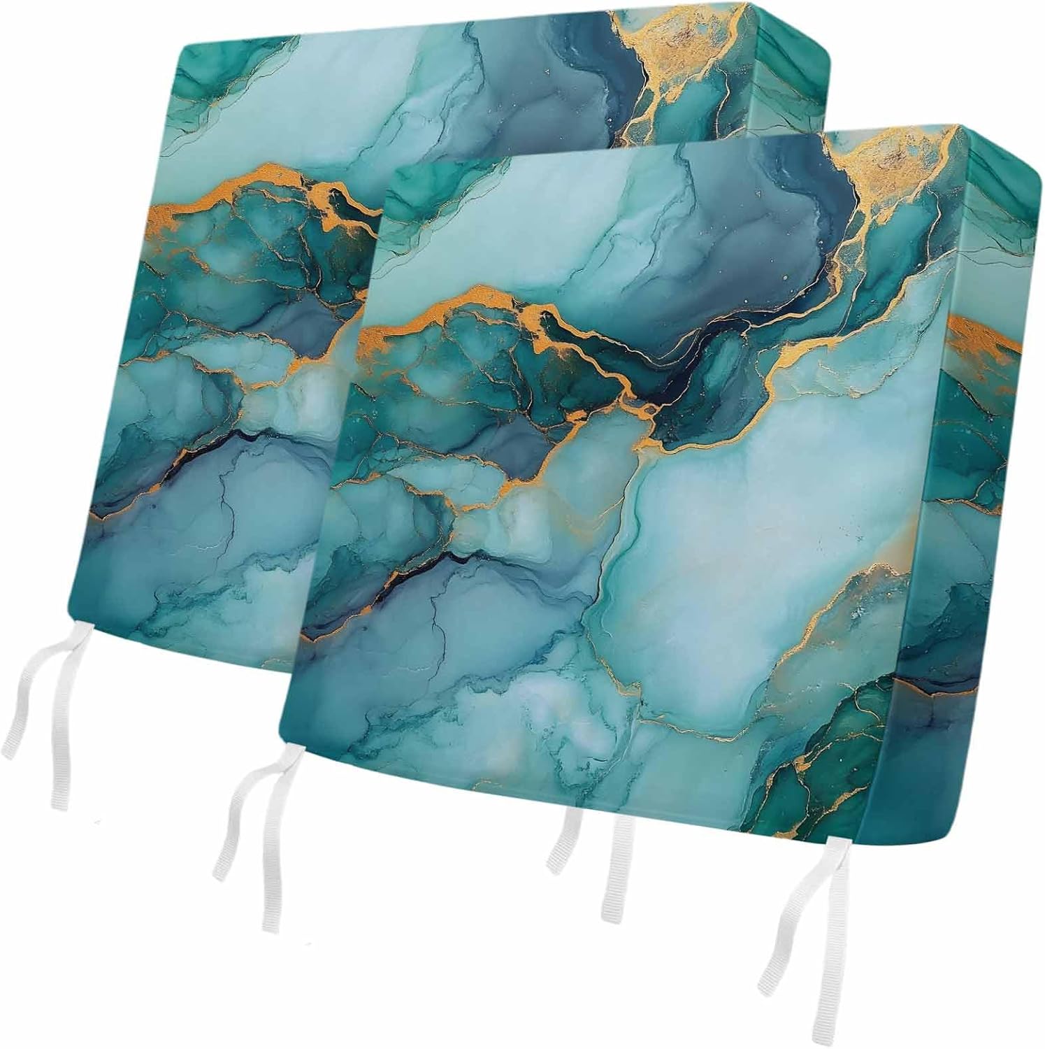 Outdoor Waterproof Cushion Covers Teal Green Gold Marble Texture Replacement Seat Slipcover for Patio,Stone Art Chair Couch Sofa Covers Furniture Protector Set of 2,22x20IN