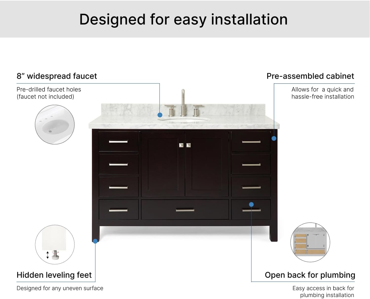 ARIEL Cambridge 54-inch Bathroom Vanity with Sink,Solid Wood, 1.5-inch Italian Carrara Marble Countertop & Backsplash, Single Oval Porcelain Sink, 2 Soft Closing Doors, 9 Dovetail Drawers, Espresso