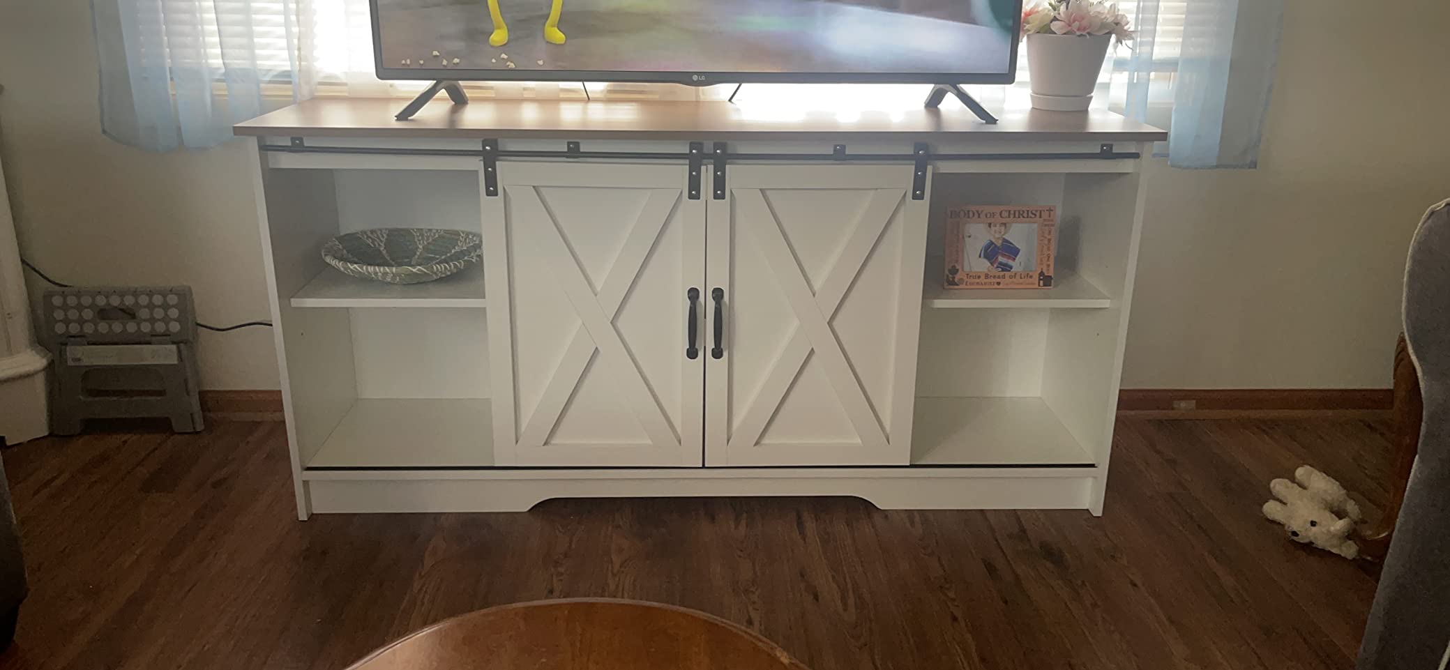 35/mo Finance Farmhouse TV Stand for 65+ inch TV, White Entertainment Center Barn Door