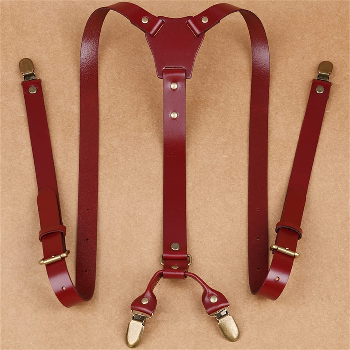 Tirantes de Cuero Estilo Antiguo para Hombre, Tirantes Ajustables con diseño en Forma de Y en la Espalda con 4 Clips de Metal, Clip Resistente, Tirantes para Pantalones para Hombre