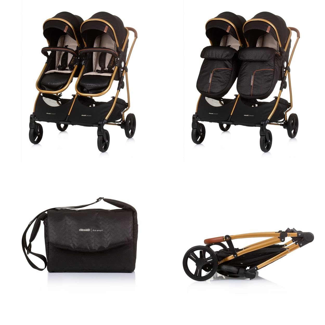 Chipolino, passeggino per fratelli, New Twin Duo Smart, pieghevole, cestino, colorazione:nero